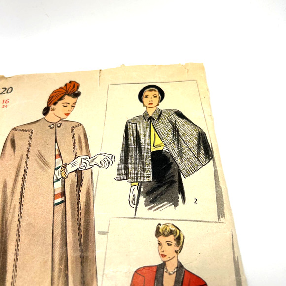 Simplicity Vintage 1944 Pattern #1220 Women's Cape Size 16 HTF - Picture 3 of 9